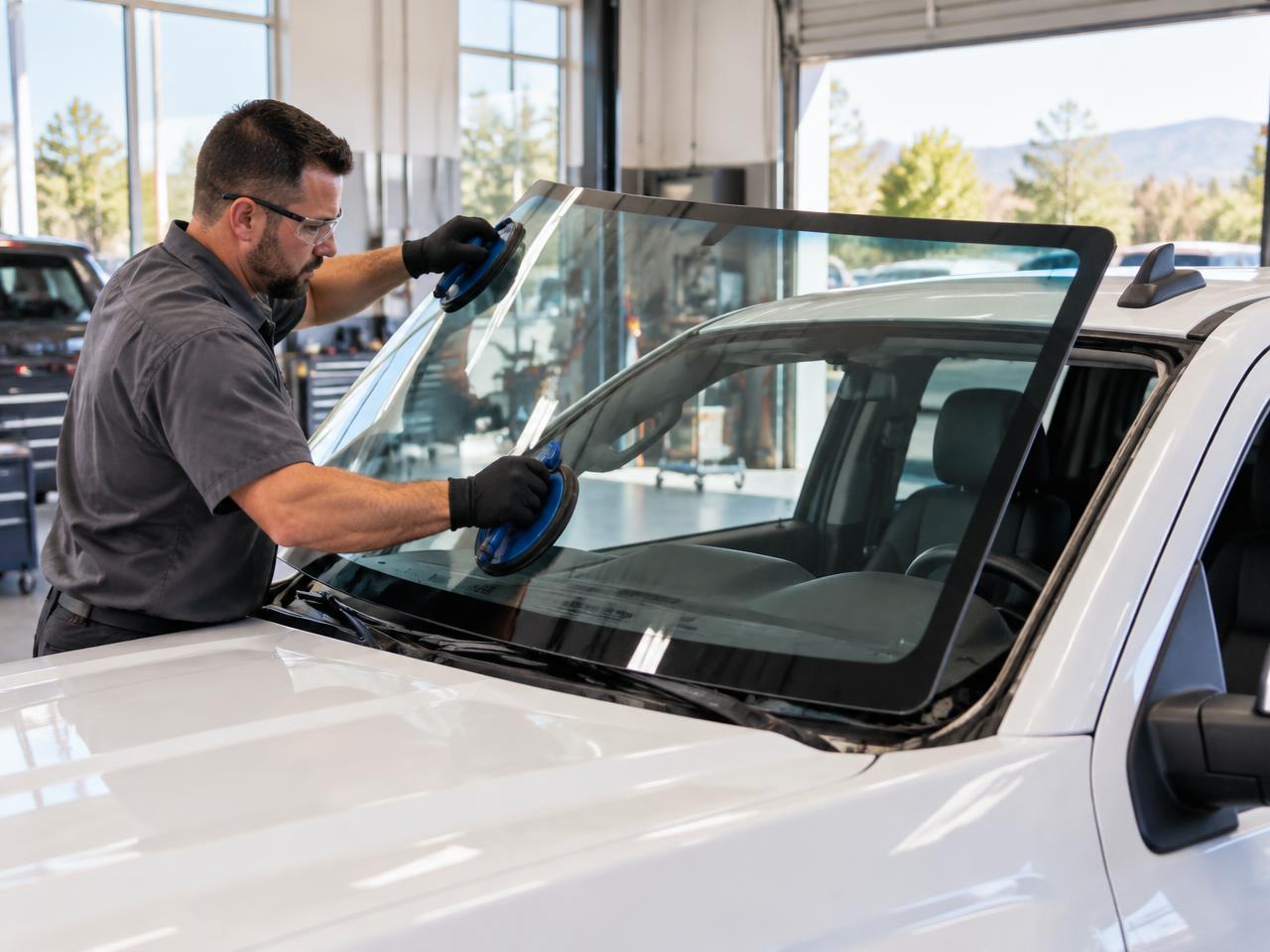 Technician setting a new windshield into a white pickup truck