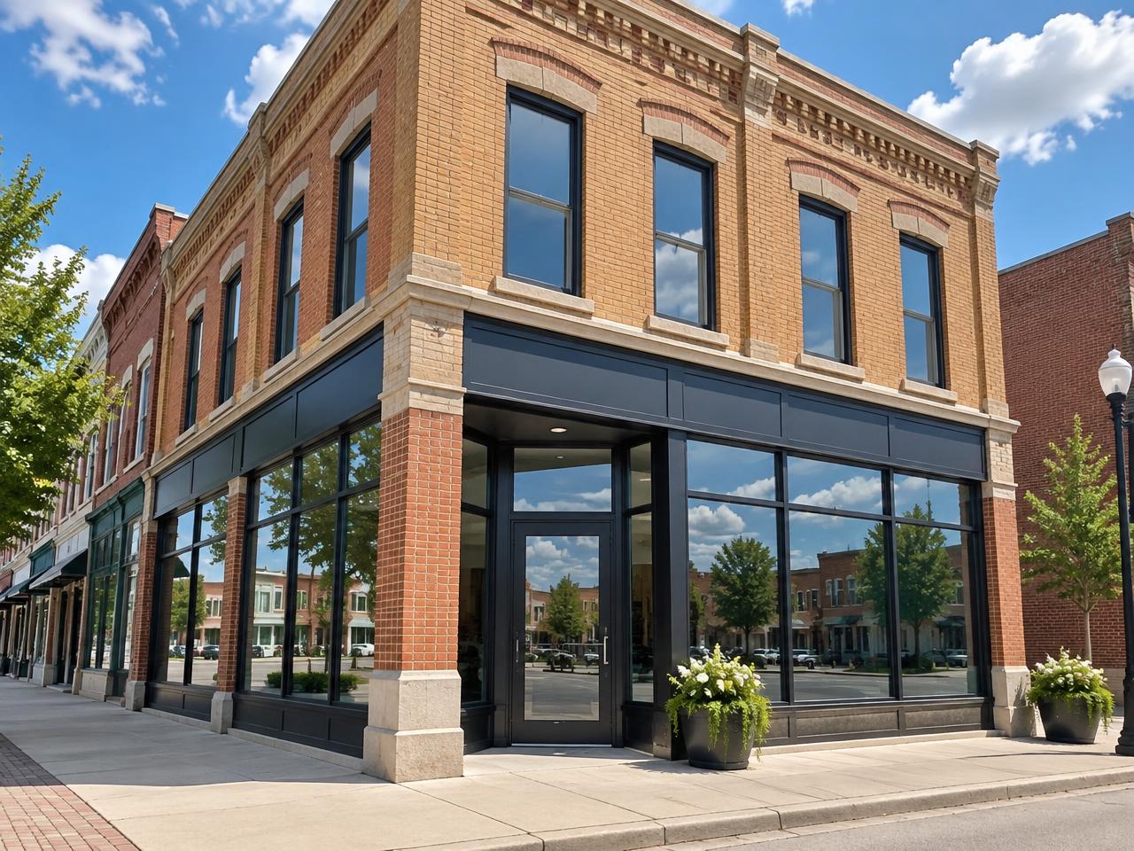 Historic brick downtown building with new black-framed storefront glass