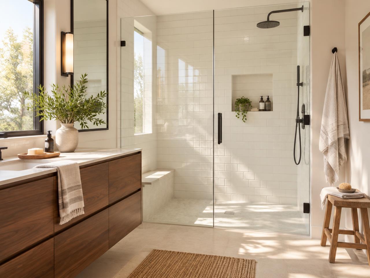 Bright bathroom with a frameless glass shower enclosure
