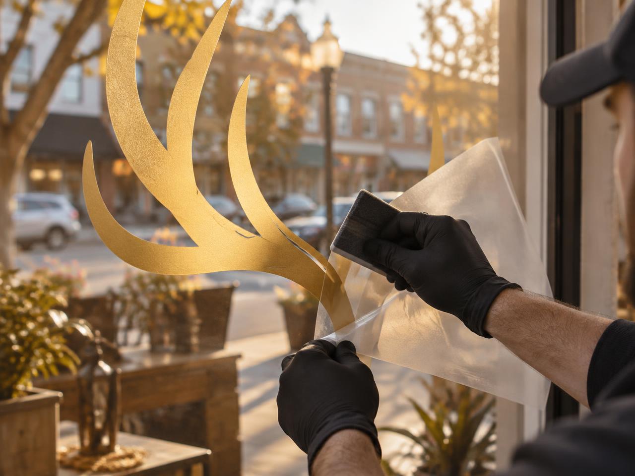 Craftsman applying gold vinyl graphics to a storefront window